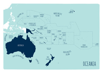 Colorful vector map of Oceania. Cartoon style - obrazy, fototapety, plakaty