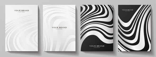Modern black, silver cover design set. Abstract wavy line pattern (curves) in monochrome. Creative stripe vector collection for business background page, brochure template, booklet, vertical flyer