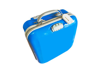 Blue travel plastic suitcase with wheels on white background.