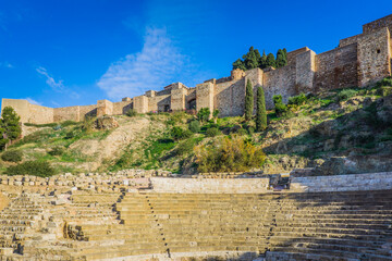 View on the roman theatre and the moorish fortres of the Alcazaba in Malaga (Andalusia, Spain)