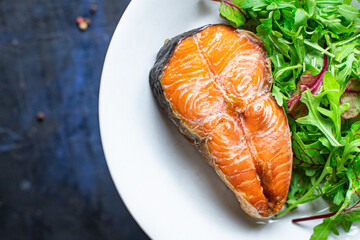 salmon salad fried grill fish BBQ seafood barbecue snack vegetarian food trend meal copy space food background rustic. top view 