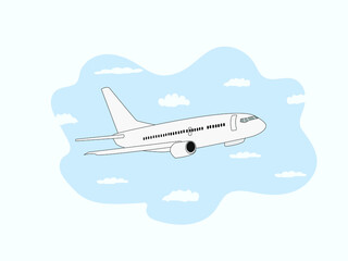 A passenger airliner is flying in the sky. Colored flat illustration for air travel and airport decoration.