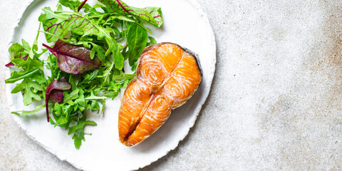 salmon salad fried grill fish BBQ seafood barbecue snack vegetarian food trend meal copy space food background rustic. top view 