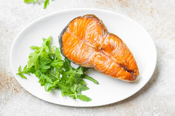 salmon salad fried grill fish BBQ seafood barbecue snack vegetarian food trend meal copy space food background rustic. top view 