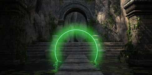 Green glowin neon circle in a ruins of the sacred temple with green vegetation. Neon art composition. Beautiful natural wallpaper. 3D illustration.
