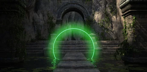 Papier Peint photo Lieu de culte Cercle de néon vert brillant dans les ruines du temple sacré avec une végétation verte. Composition d& 39 art au néon. Beau fond d& 39 écran naturel. Illustration 3D.