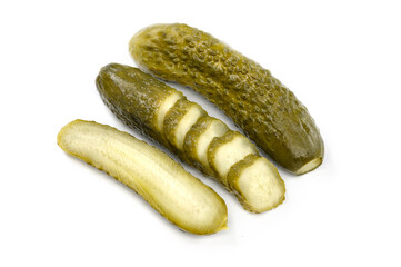 Fresh pickled or fermented cucumbers isolated on white background. Home preservation