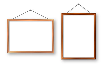 Realistic wooden picture frames with shadow isolated on white background. Hanging on a wall blank poster mockup. Empty photo frame. Vector illustration.