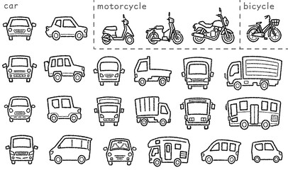 車とバイクと自転車のアイコンセット(手書き風線画)上弦分類バージョン