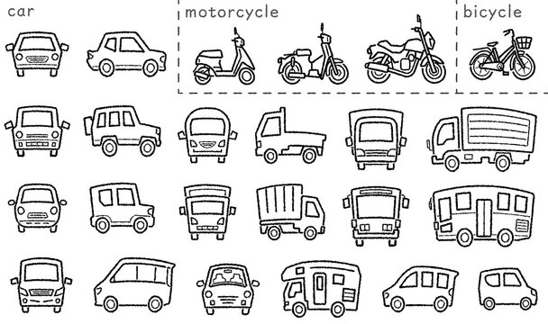 車とバイクと自転車のアイコンセット(手書き風線画)上弦分類バージョン