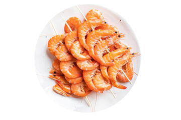 shrimp kebab on skewer prawns seafood snack meal diet vegetarian food copy space food background rustic. top view 