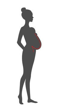 Woman silhouette with baby in sling. Schematic representation of the baby spine in a physiological carrier. Babywearing concept