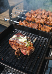 Beef tenderloin steak in a buttered grill pan seasoned with herbs and shish kebabs are cooked outside. No people, vertical orientation, copy space
