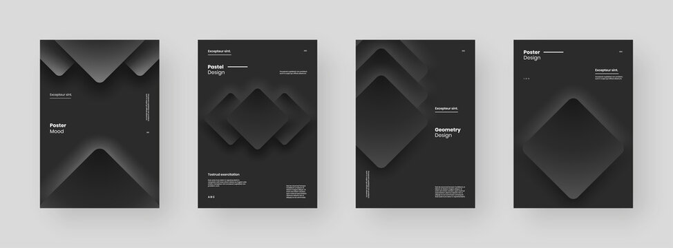 Abstract set Placards, Posters, Flyers, Banner Designs. Black and white illustration on vertical A4 format. 3d geometric shapes, form. Decorative neumorphism backdrop.