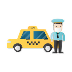 Taxi service with taxi driver. Taxi driver protective medical face mask for prevention virus Covid-19. Vector illustration.