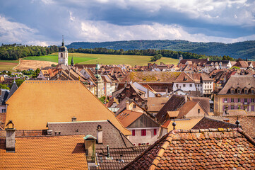 Tiled roofs of the old town of Porrentruy, Switzerland