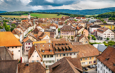 View of the old town Porrentruy in the canton Jura, Switzerland