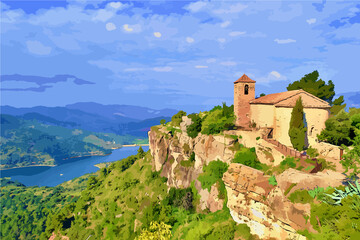 Romanesque church of Santa Maria de Siurana on top of rock, view into valley, mountains on the background. Blue sky with white clouds.  Siurana, Catalonia, Spain.