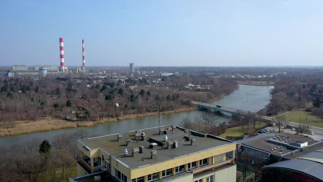 Lake Czerniakowskie Nature Reserve Lake and Siekierki Power Station in Warsaw city, Poland