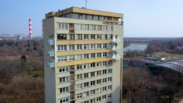 Drove 4k footage of old residential building in Czerniakow area in Warsaw city, Poland