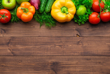 Selection of fresh products for preparing healthy and delicious vegetarian and vegan food. Various vegetables and fruits lie on the table. Flat lay.