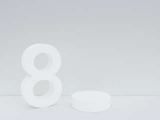 Scene with podium for mock up presentation in white color, minimalism style and number 8 with copy space, 3d render abstract background