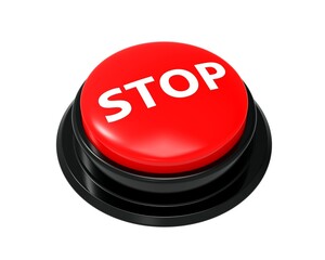 Stop button. Red STOP button isolated. Icon button STOP. Text STOP on button. Buzzer. Round button with black border. 3D illustration.