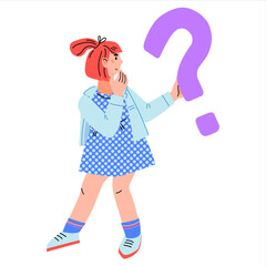 Cartoon girl standing with with confused expression and question mark, flat vector illustration isolated on white. Doubting confused child overthinking problem or task.