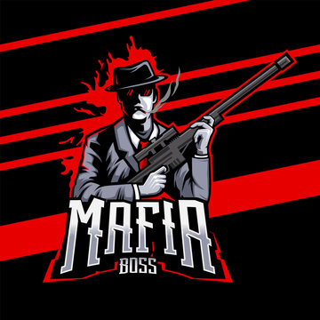 Mafia Boss Sniper esports logo design. illustration of mafia sniper mascot design. editable text emblem design