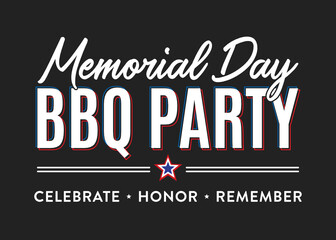 Memorial Day BBQ, Barbecue Party, Picnic Celebrate, Honor Remember Vector Text, Memorial Day Background, Happy Memorial Day Banner, Typographic Background