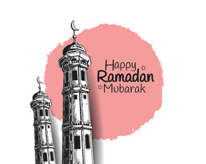 Obraz premium Ramadan Mubarak with mosque tower illustration hand drawn isolated on white background pink round brush
