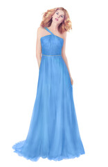 Woman in blue ball dress, long silk dress.