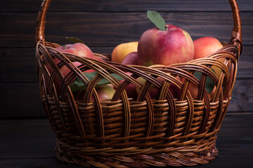Red sweet apples in a basket on a textured wooden background