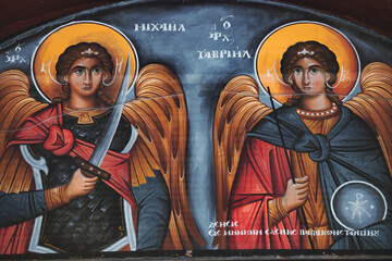 Archangel Michael and the Archangel Gabriel, a Byzantine icon in a small chapel, Greece