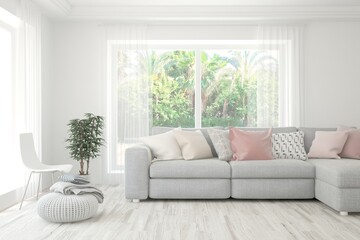 White living room with sofa and summer landscape in window. Scandinavian interior design. 3D illustration