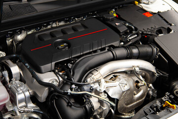 Powerful engine of a car. Internal design of engine with combustion and valve in dark tone