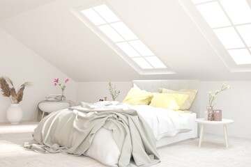 Soft color bedroom interior. Scandinavian design. 3D illustration