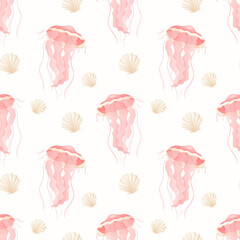 Vector seamless pattern. Realistic transparent poisonous pink jellyfish and smooth shells. Underwater world and marine life. Background or wallpaper decoration.