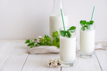 Fresh fermented milk chilled drink Lassi in two glasses on a white background with greenery and...