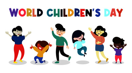 World children's day illustration with happy children's cartoon characters