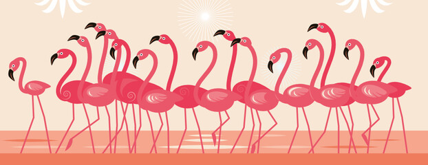 Pink Flamingo,  flock of birds Cartoon vector illustration, horizontal banner.  © LenLis