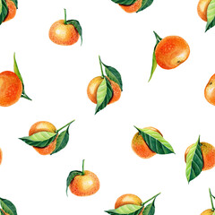 Watercolor tangerine with leaves. Semless pattern for print design.Mandarin orange fruit. Botanical realistic illustration