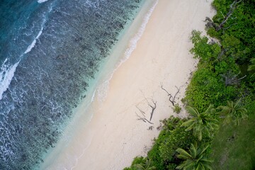 Drone field of view of waves, sand, sea and forest on empty beach no people Praslin, Seychelles.
