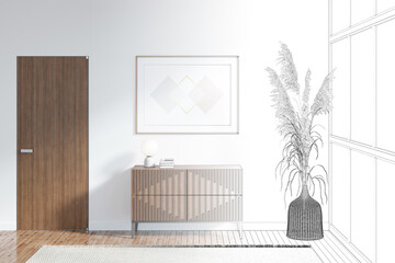 The sketch becomes a real sunny room with a horizontal poster over a wooden curbstone, a wooden door, a large stained glass window, pampas grass in a basket, a carpet on a parquet floor. 3d render
