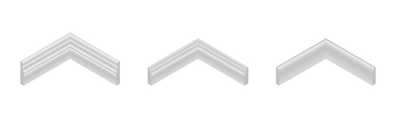 Vector illustration different shapes skirting boards for wall or floor isolated on white background. Set of realistic white baseboard icons in flat cartoon style. Isometric plastic or wood moldings. © NiRain
