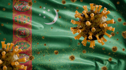 3D, Turkmenistan flag waving with Coronavirus outbreak. Turkmenia Covid 19