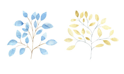Watercolor set of blue and gold twigs with leaves, isolated elements on a white background. Botanical illustration for postcards, scrapbooking, design