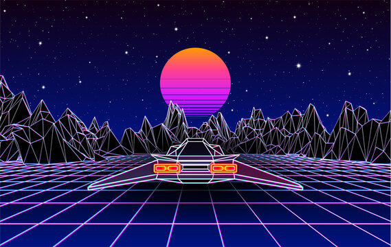 Arcade space ship flying to the sun over the landscape with 3D mountains, 80s style synthwave or retrowave illustration.