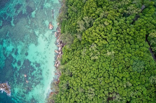 Drone field of view of rocky coastline and cliffs meeting sea Praslin, Seychelles. © Tristan Barrington