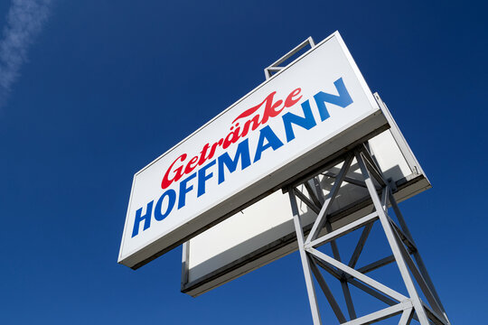 OLPE, GERMANY - APRIL 25, 2021: Getr&auml;nke Hoffmann sign against blue sky.